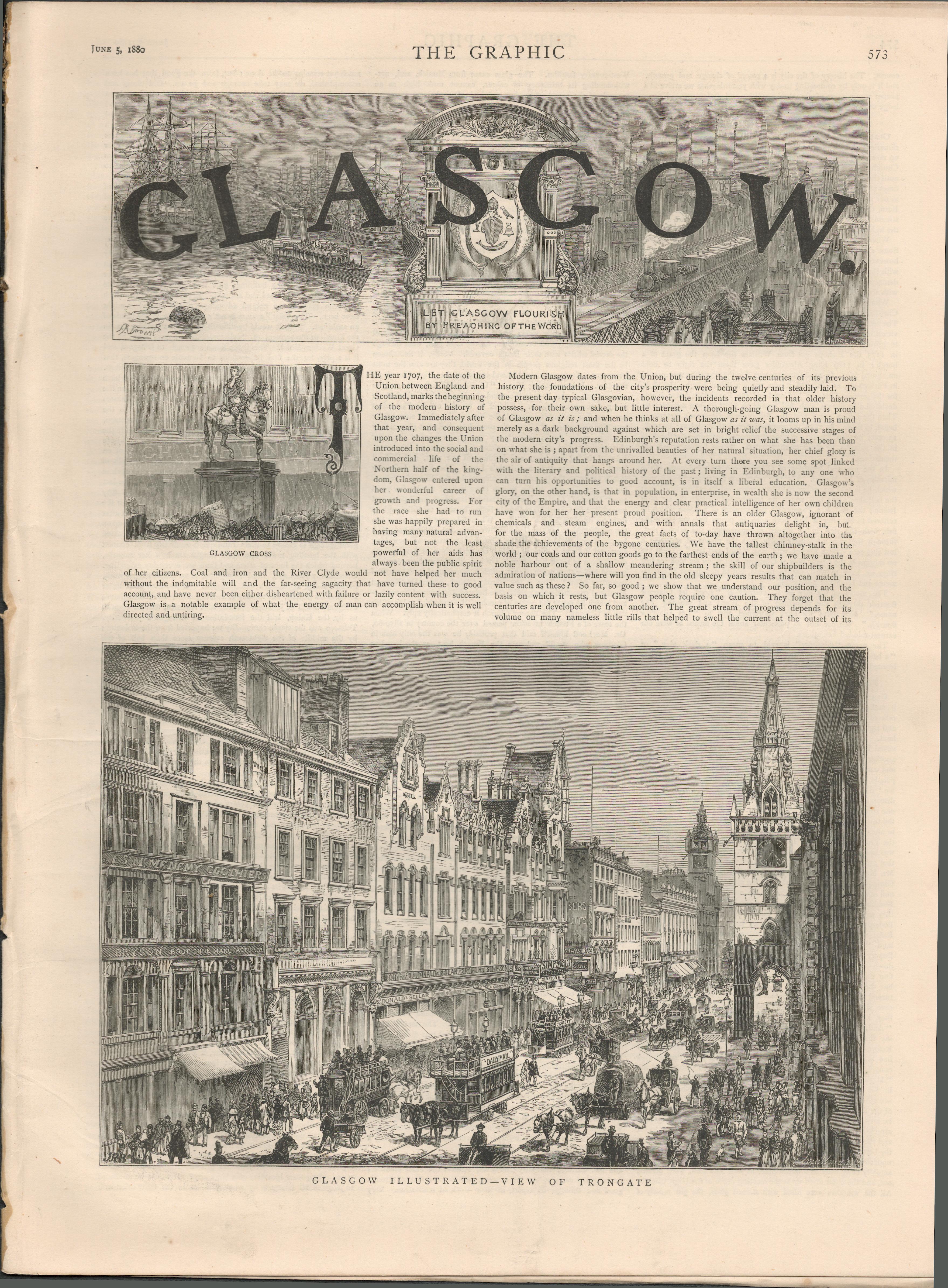 Glasgow City Scotland 1880 Antique Supplement Newspaper.