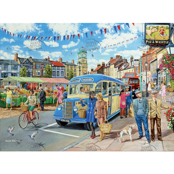 Nostalgic 1960s Britain ""Country Bus To Market"" Metal Sign Designed Nostalgic Views Of Mid-Centur