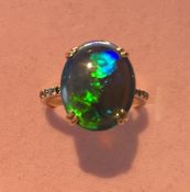 Beautiful Natural Black Opal Ring With Natural Black Diamond And 18k Gold