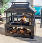 (103/Mez) RRP £150. La Hacienda Camino Steel Outdoor Fireplace with Log Store, Bronze Effect Gard...