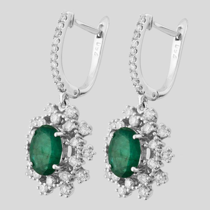 Certificated 18K White Gold Diamond & Emerald Earring / Total 3.6 ct