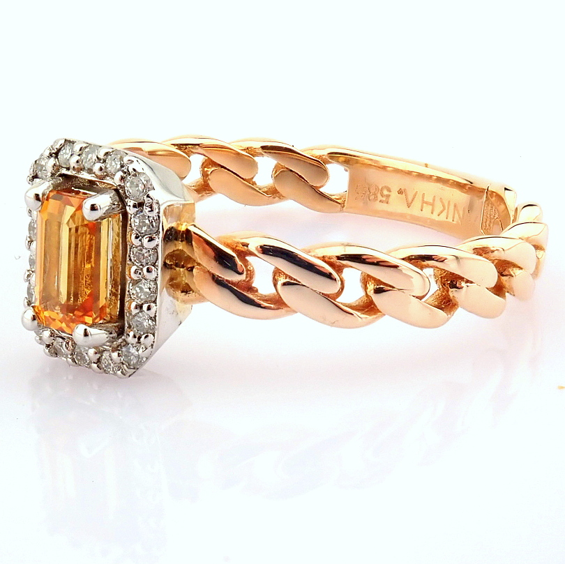 Certificated 14K Yellow Gold Diamond & Orange Sapphire Ring / Total 0.53 ct - Image 2 of 6