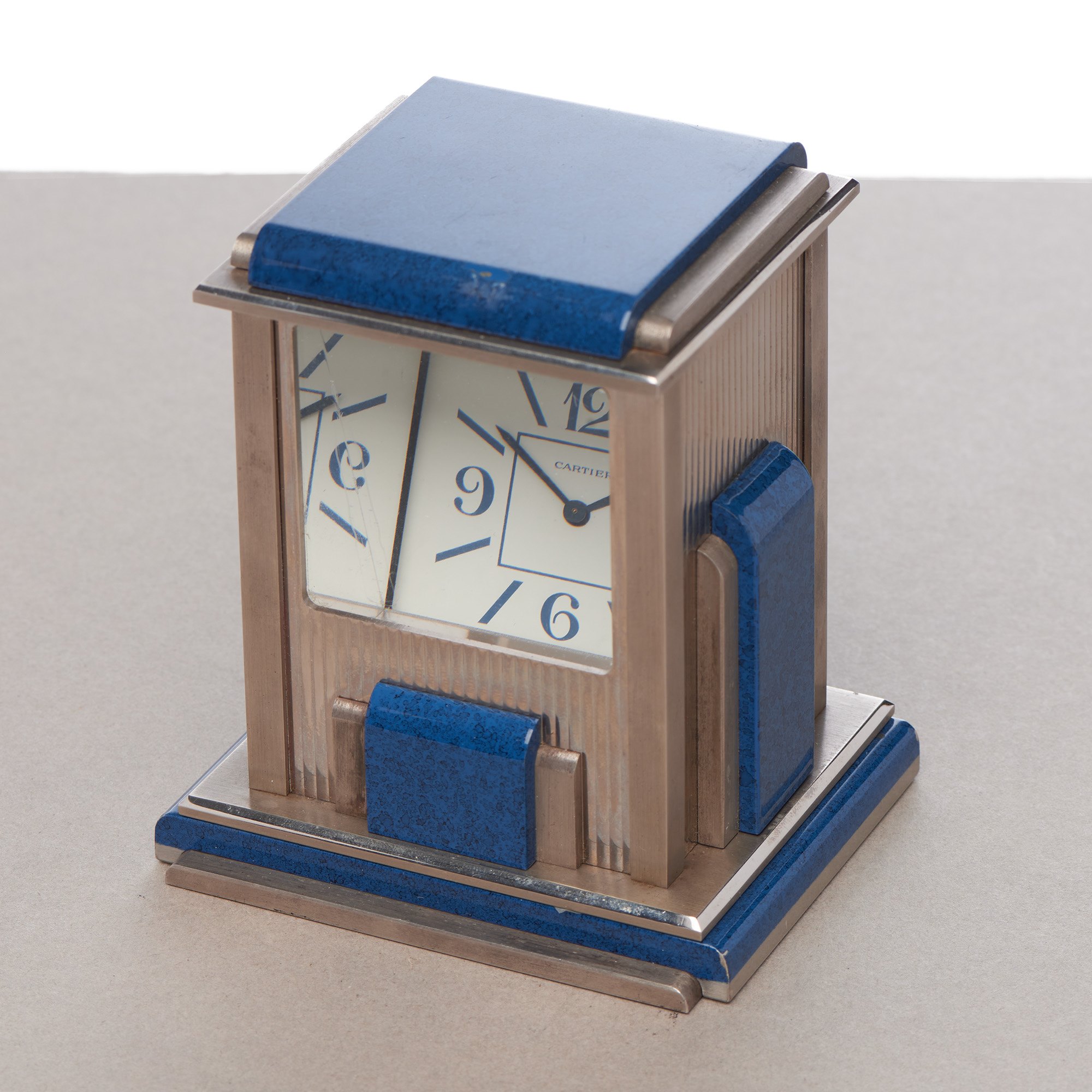 Travel Desk Clock Cartier Paris 'Mystery' Silver Plated Double Desk Clock 9118 - Image 3 of 11