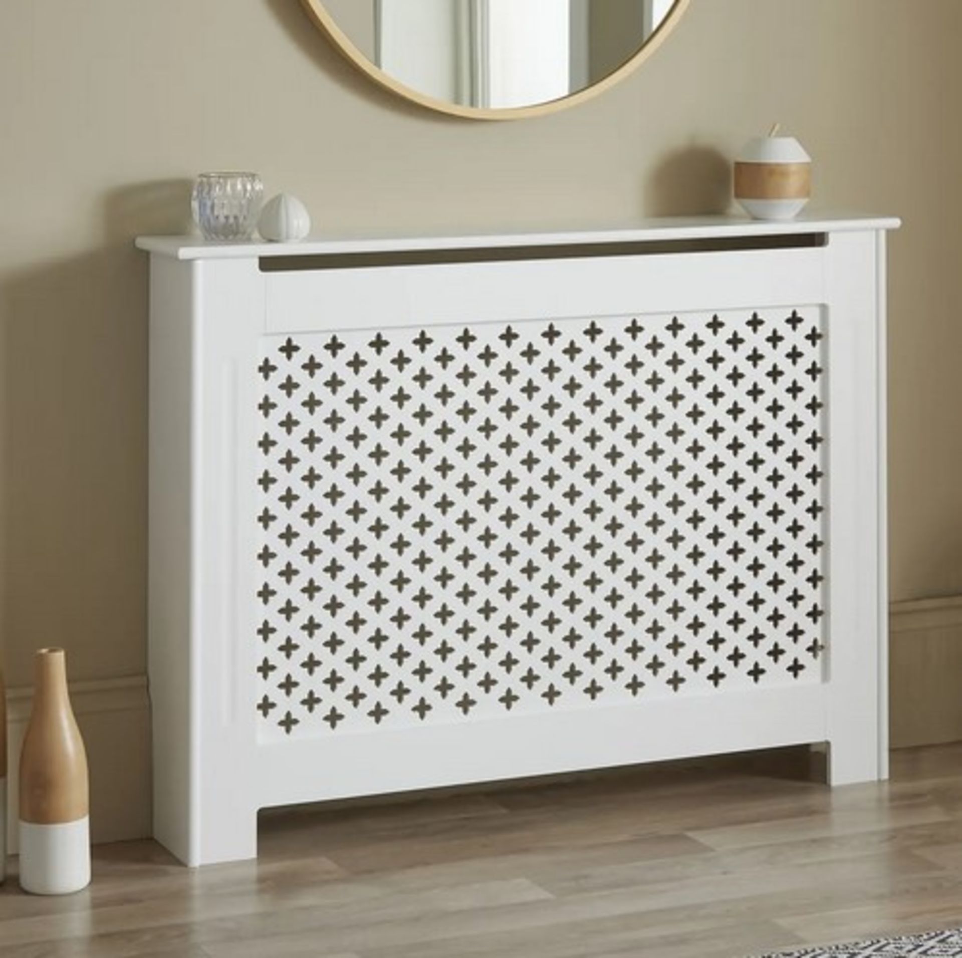 (69/Mez) Lloyd Pascal White Classic Medium Radiator Cabinet. Diamond Fret Design. White Painted F...