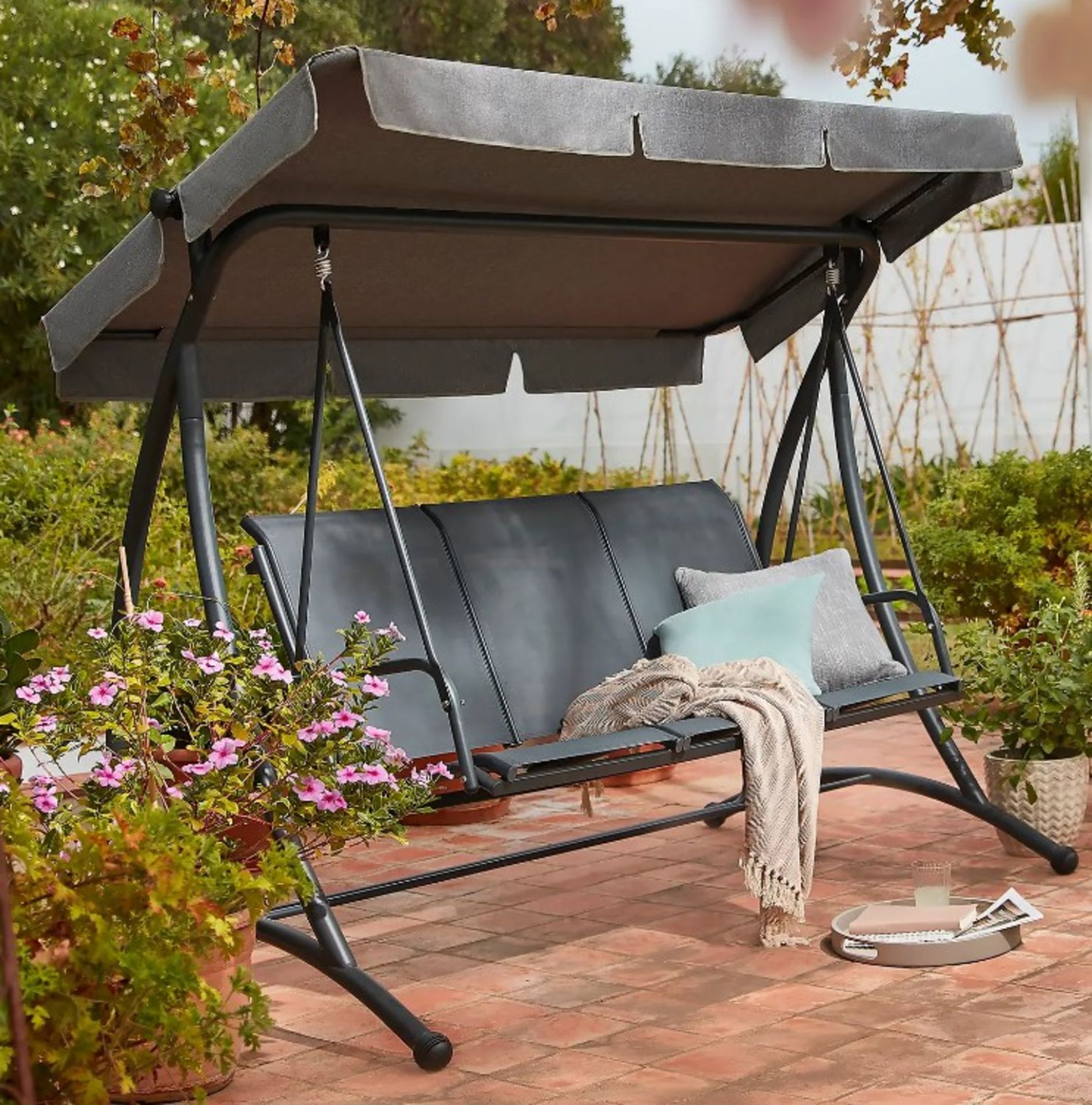 (155/Mez) RRP £250. 3 Seater Swing Seat. Seats Comfortably Three People. Powder Coated Steel Fram... - Image 3 of 4