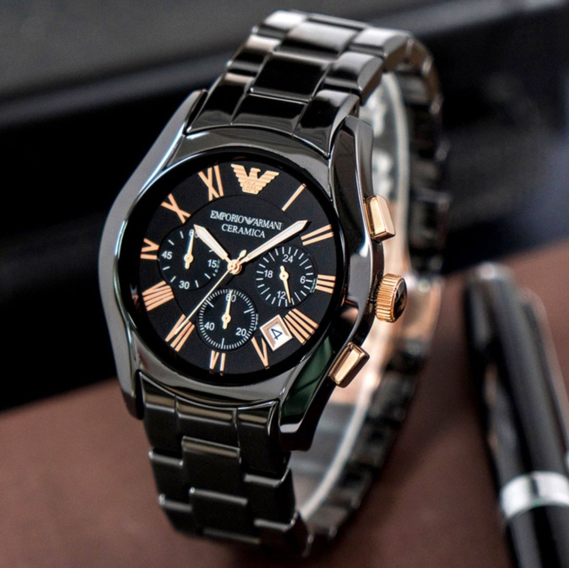 Emporio Armani AR1410 Men's Ceramica Rose Gold & Black Quartz Chronograph Watch - Image 7 of 8