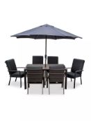 Grade C LG Milano Garden Dining Table & Arcmchairs with parasol in Grey - RRP: £1645