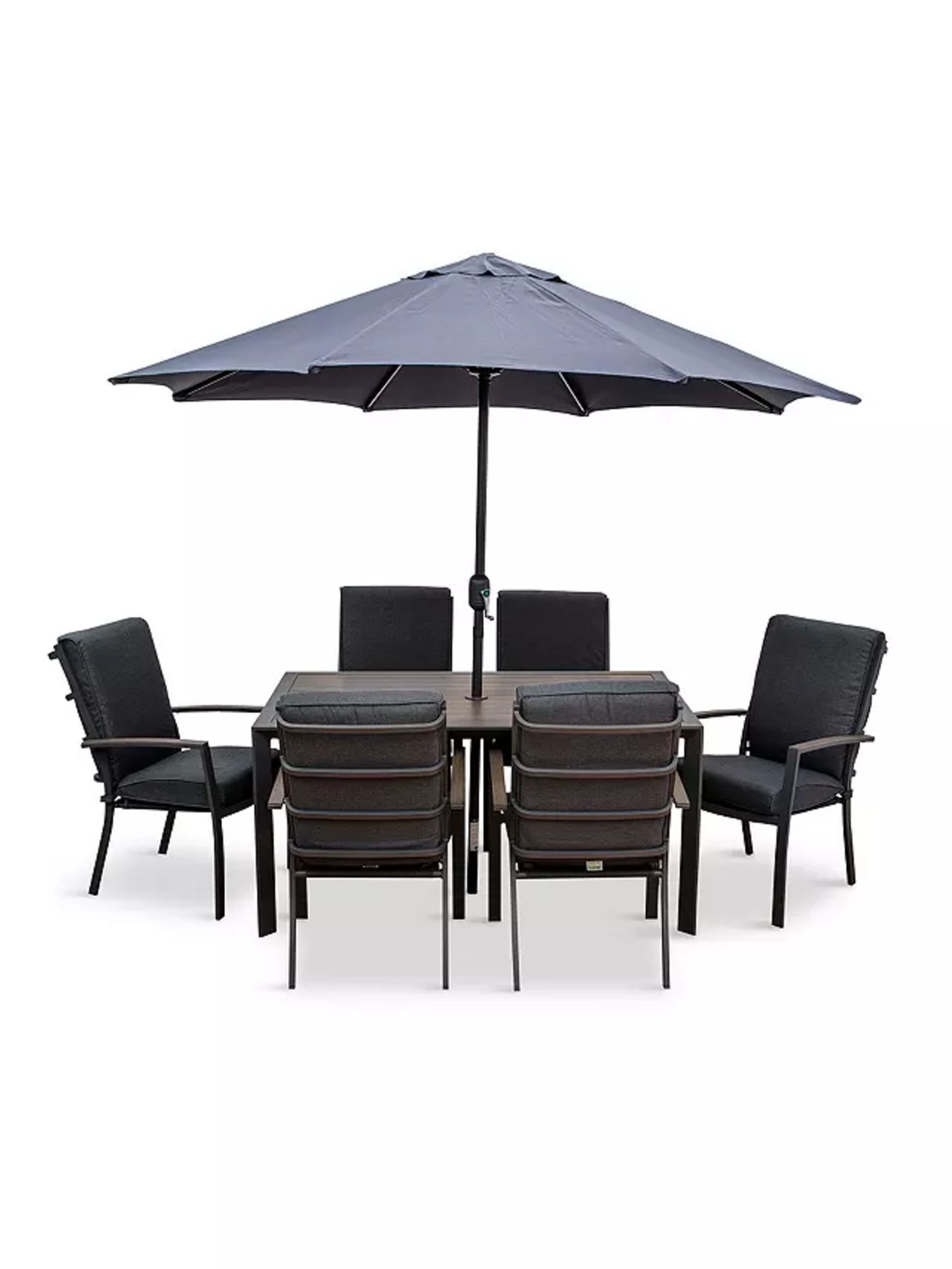 Grade C LG Milano Garden Dining Table & Arcmchairs with parasol in Grey - RRP: £1645