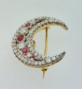 Ruby & Diamond Fifty Five (55) Stone Set Crescent Moon Brooch