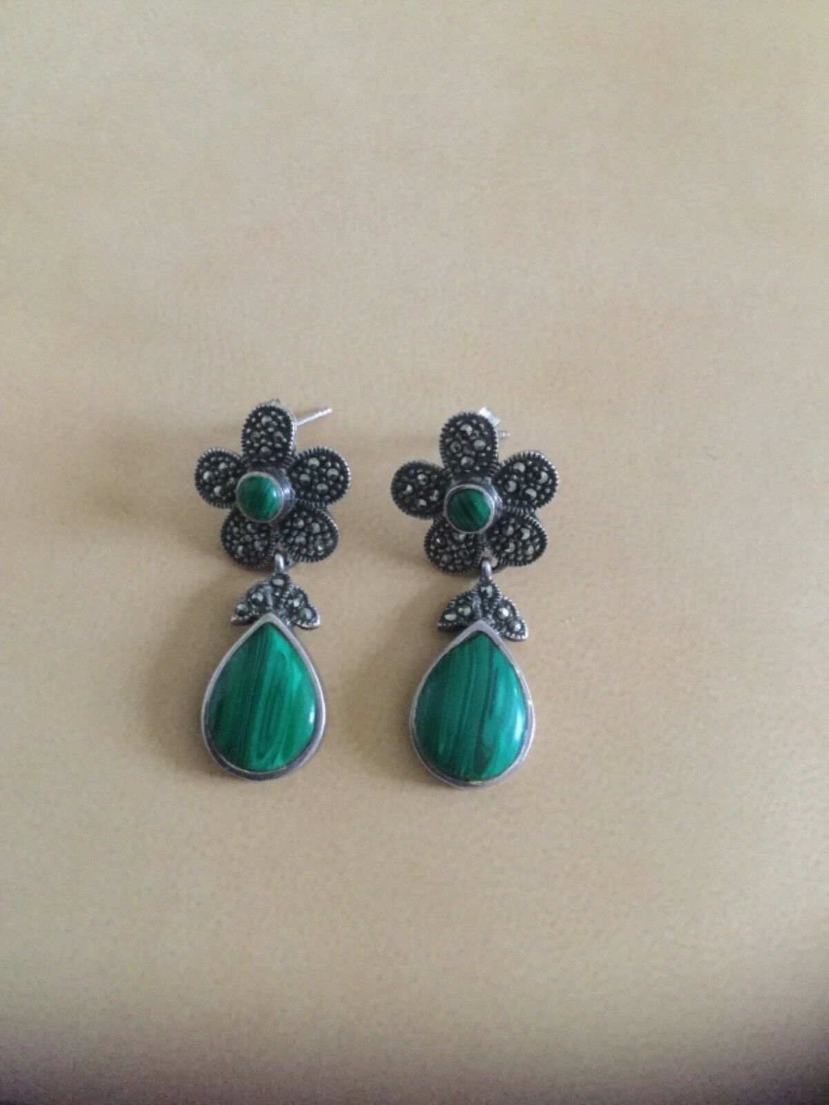 Vintage Silver Marcasite and Green Malachite Earrings - Image 3 of 5