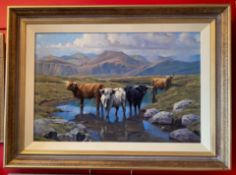 Peter Munro contemporary Scottish artist large signed oil painting Highland Cattle