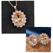 NEW!! Simulated Champagne & White Diamond Halo Pendant & Matching Earrings