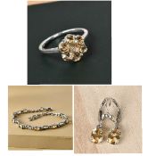 NEW!! Citrine Floral Cluster Ring, Earrings & Bracelet in Sterling Silver