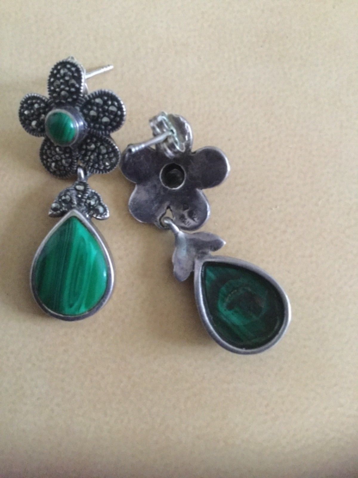 Vintage Silver Marcasite and Green Malachite Earrings