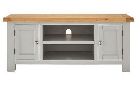 (41/6D) RRP £529. Faversham Assembled Oak & Painted TV Unit. Two Tone Grey And Oak Style. Dimensi...