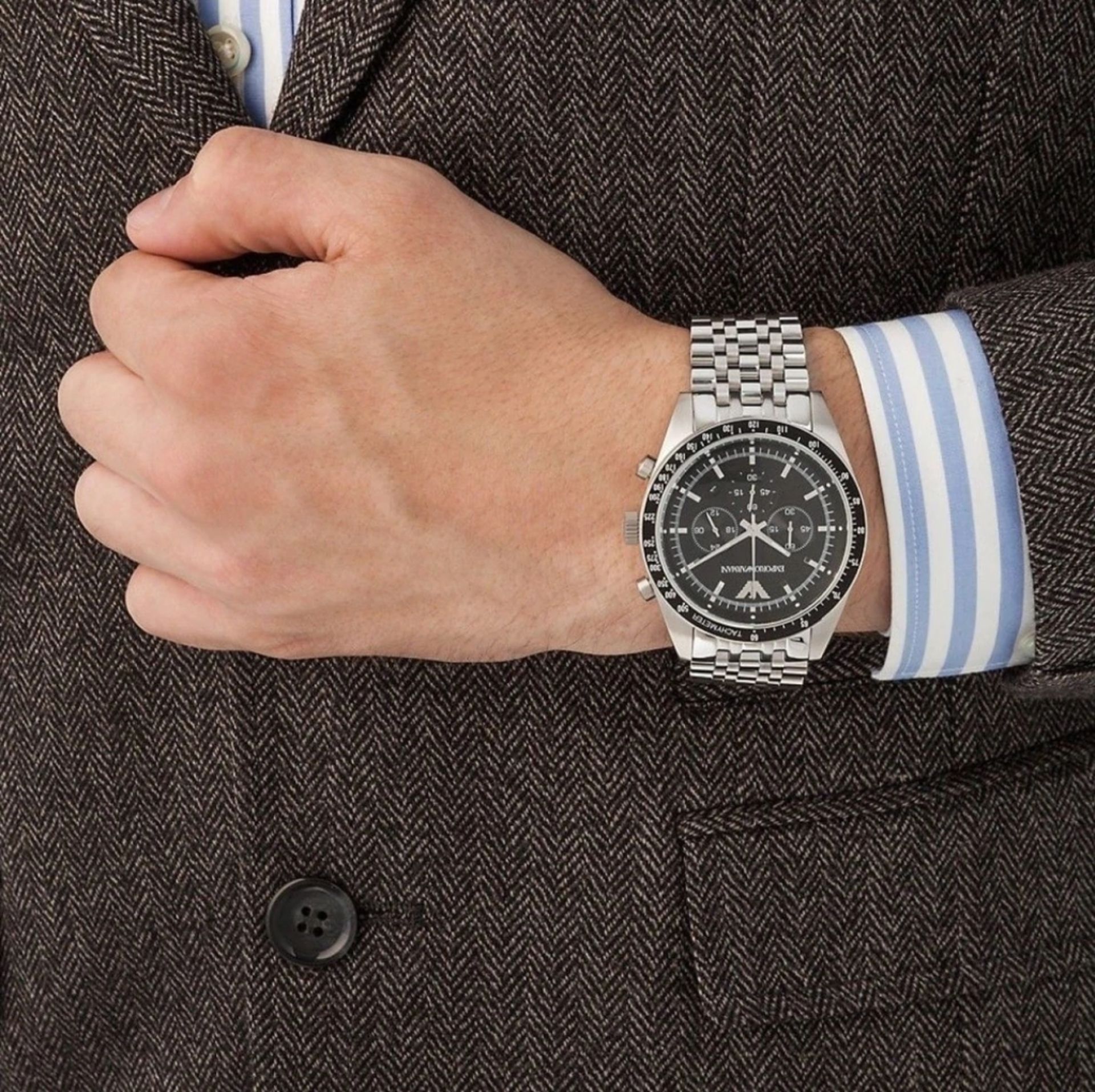 Emporio Armani AR5988 Men's Tazio Black Dial Silver Bracelet Chronograph Watch - Image 2 of 8