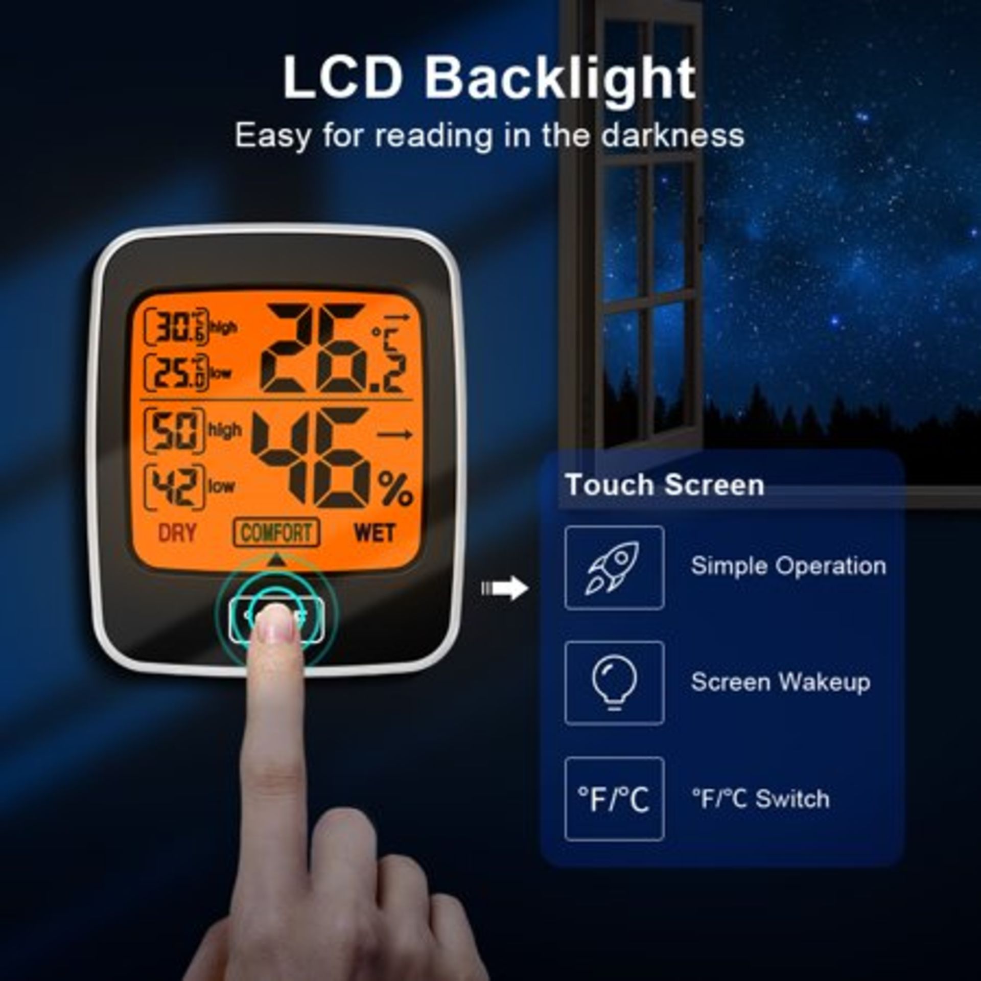 Uarter Digital Hygrometer Indoor Outdoor Thermometer Humidity Gauge With Lcd Touch Screen - Image 2 of 5