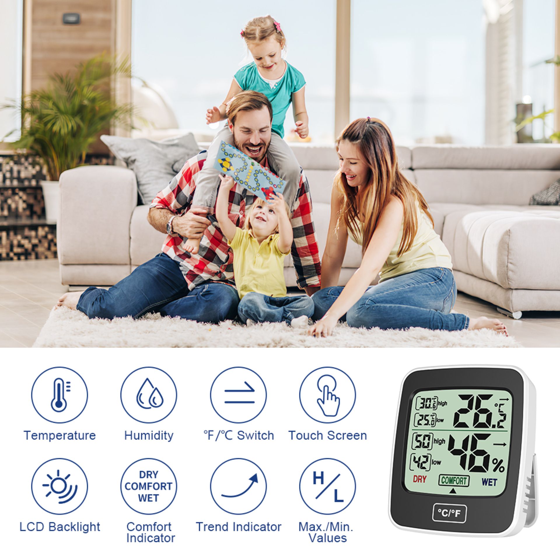 Uarter Digital Hygrometer Indoor Outdoor Thermometer Humidity Gauge With Lcd Touch Screen - Image 3 of 5