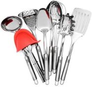 11-Piece Stainless Steel Kitchen Utensil Set, Non-Stick Heat Resistant Cooking, Spatula, Potato M...