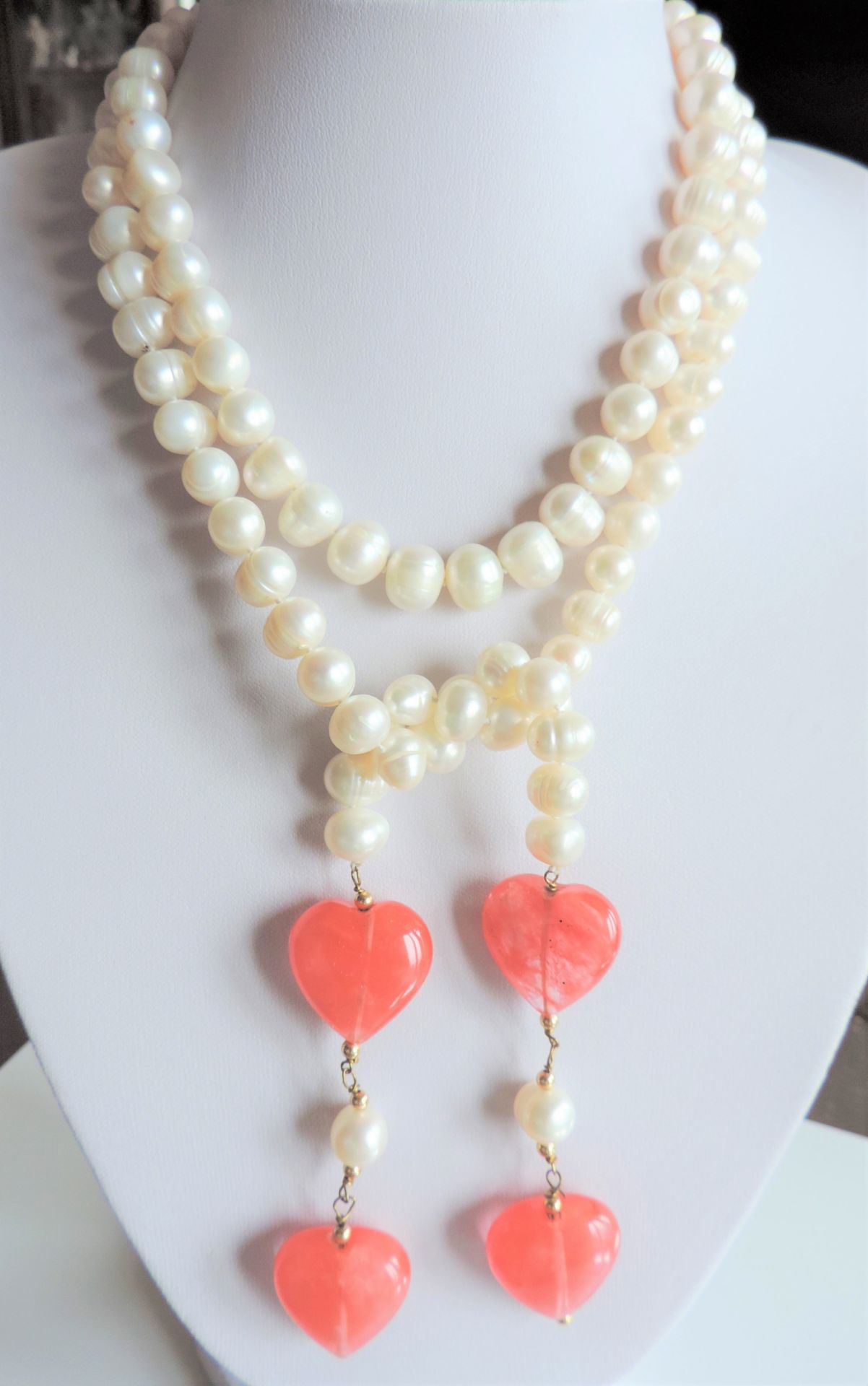 Cultured Pearl & Peach Jade Necklace 44 inches Long - Image 2 of 4