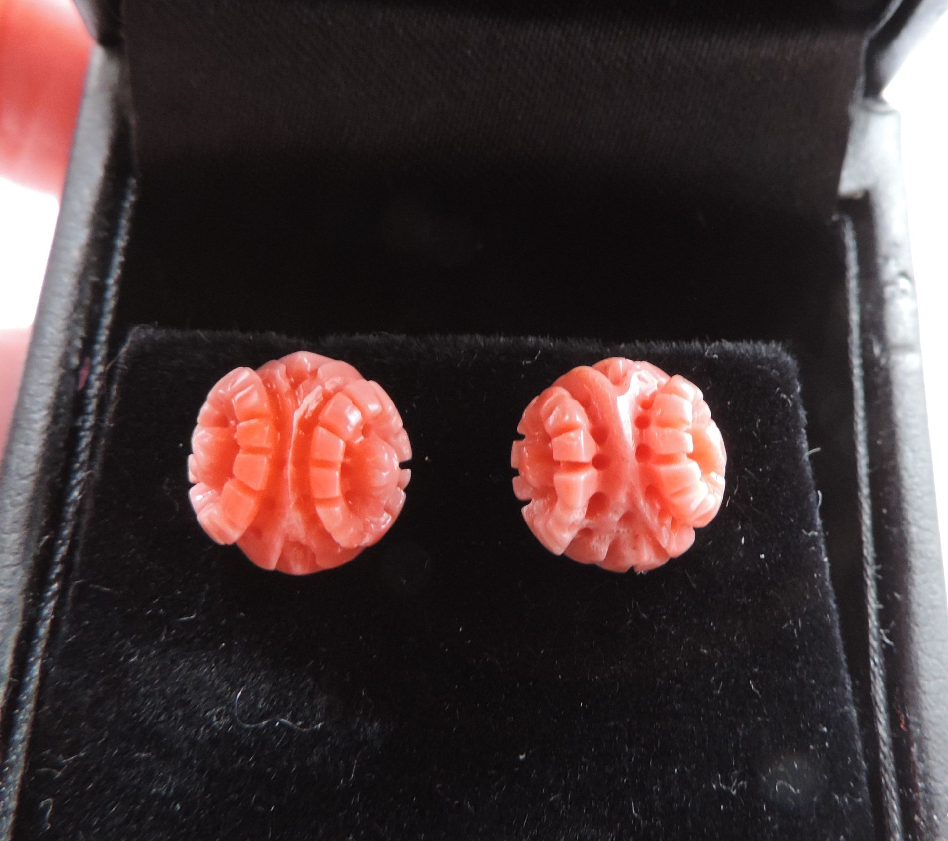 Carved Coral Stud Earrings with Gift Pouch - Image 2 of 2