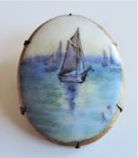 Large Antique Hand Painted Porcelain Brooch on Bronze Signed by Artist