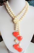 Cultured Pearl & Peach Jade Necklace 44 inches Long