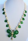 Cultured Pearl and Jade Butterfly Pendant Necklace
