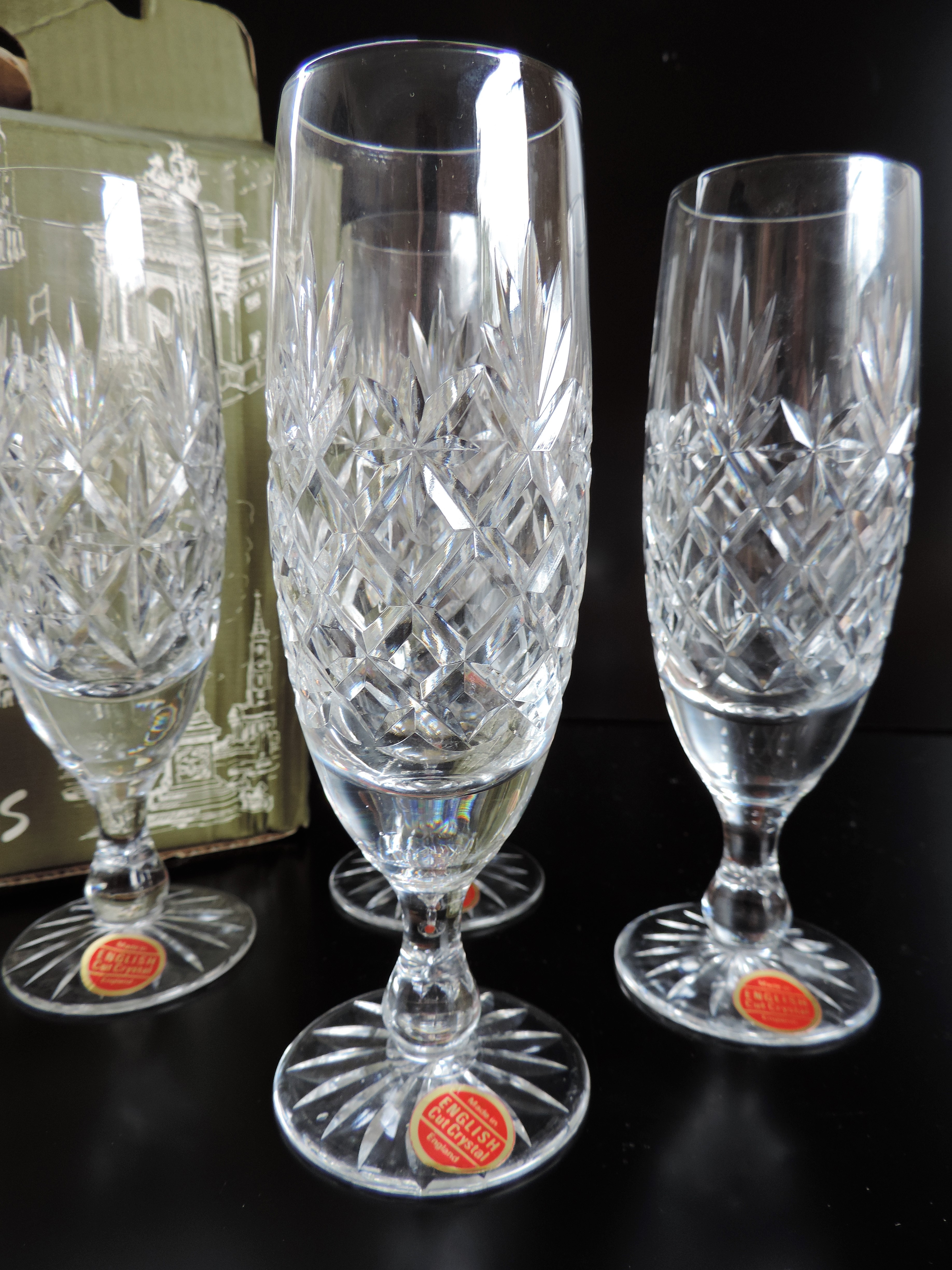 4 x English Cut Crystal Champagne Flutes from Harrods c.1970's New Unused - Image 3 of 5