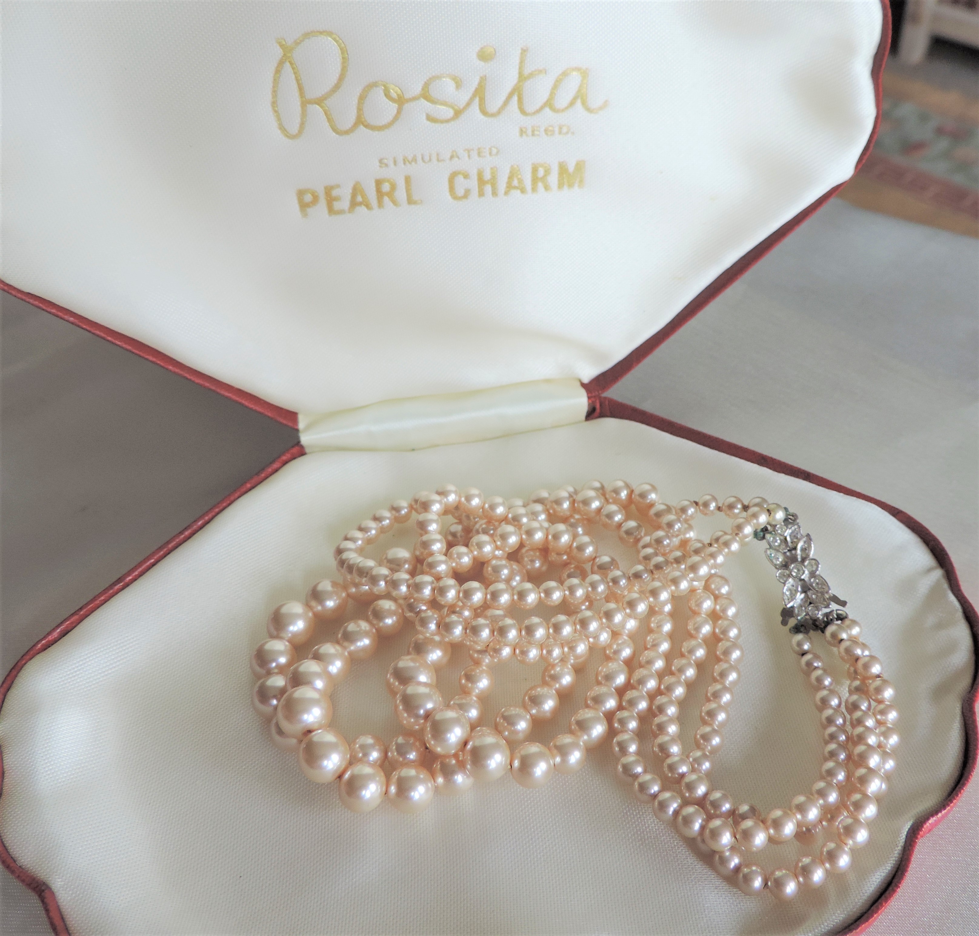 Vintage Rosita Pearls Triple Strand Necklace in Original Shell Shape Box