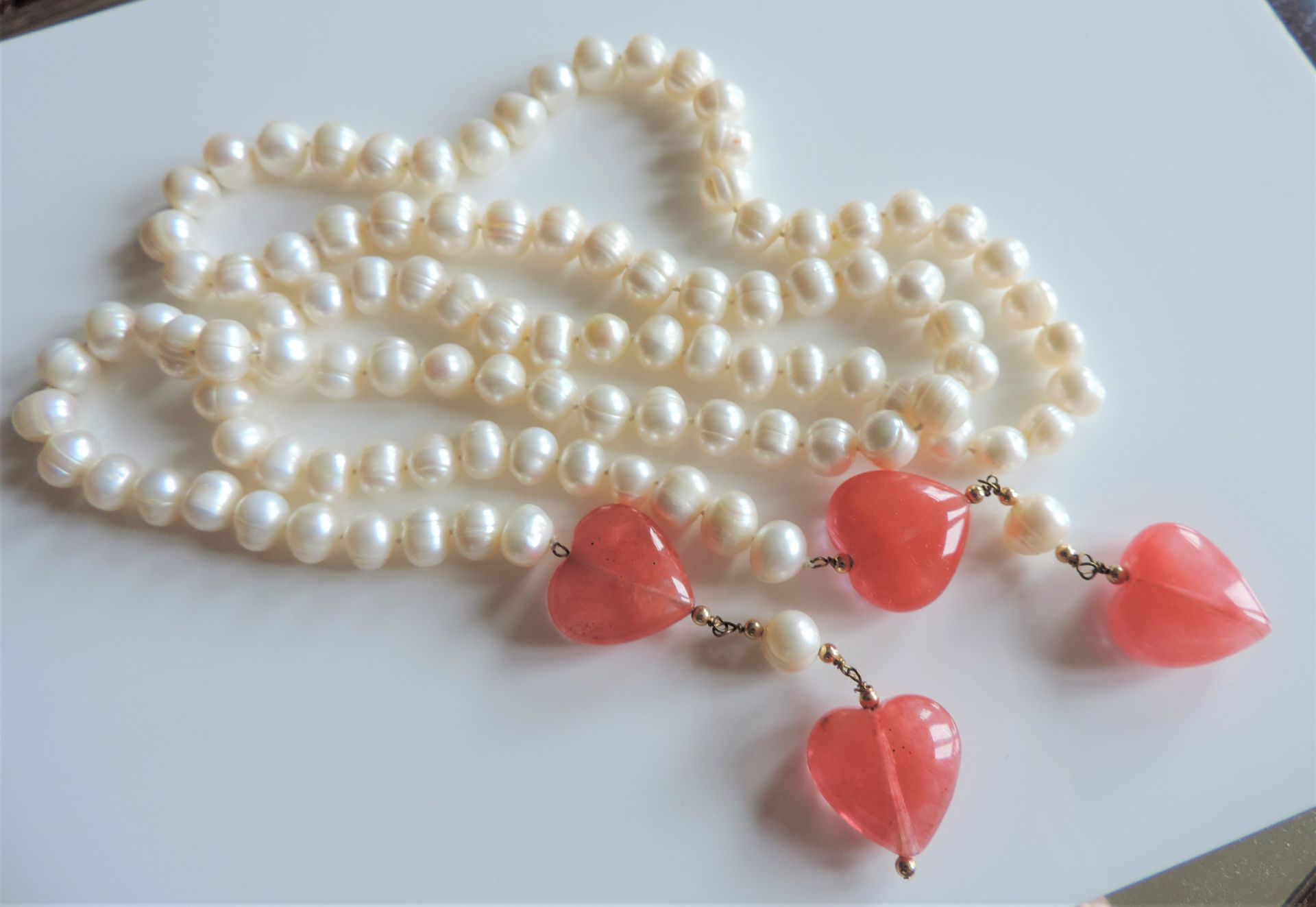 Cultured Pearl & Peach Jade Necklace 44 inches Long - Image 4 of 4