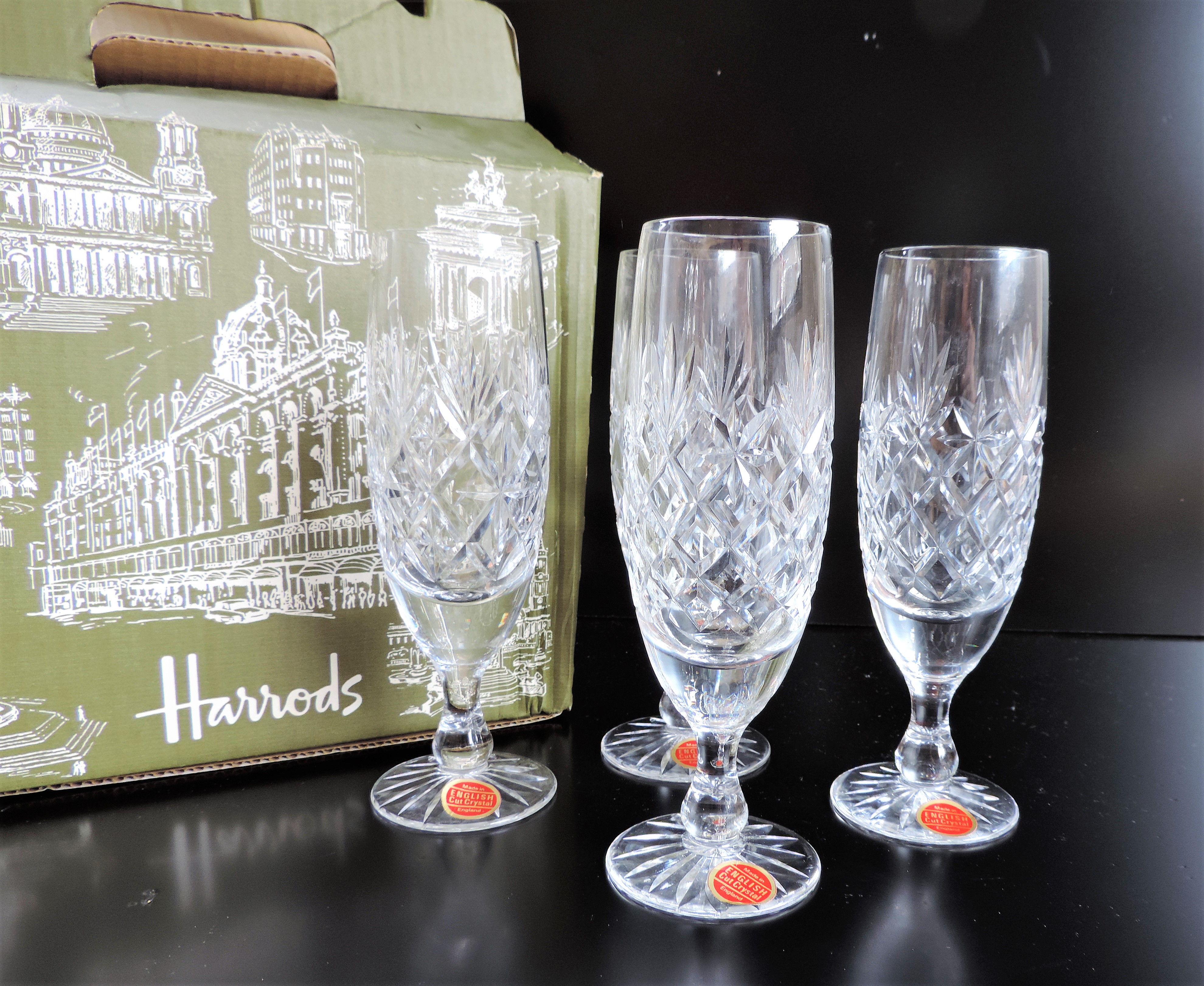 4 x English Cut Crystal Champagne Flutes from Harrods c.1970's New Unused - Image 4 of 5