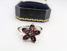 Sterling Silver Garnet Flower Cluster Ring New with Gift Pouch