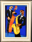 Marsha Hammel Oil on Canvas ""Indigo Jazz - Bass & Sax""