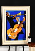 Marsha Hammel Oil on Canvas ""Indigo Jazz - Bone & Guitar""