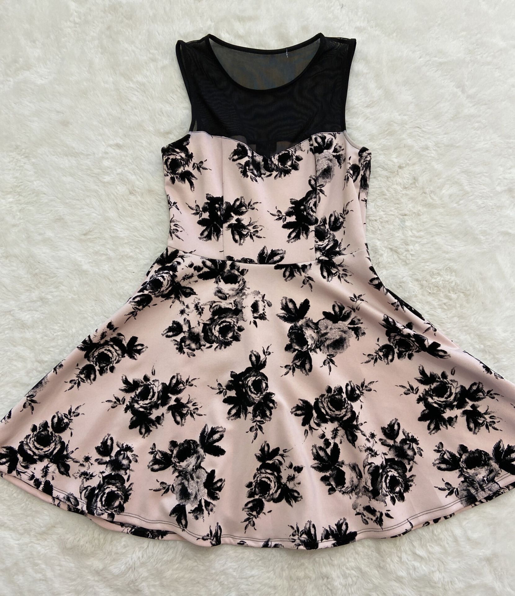 Trixxi I Flocked Illusion Fit & Flare Pink/Black Dress Size Medium Floral - Image 2 of 4