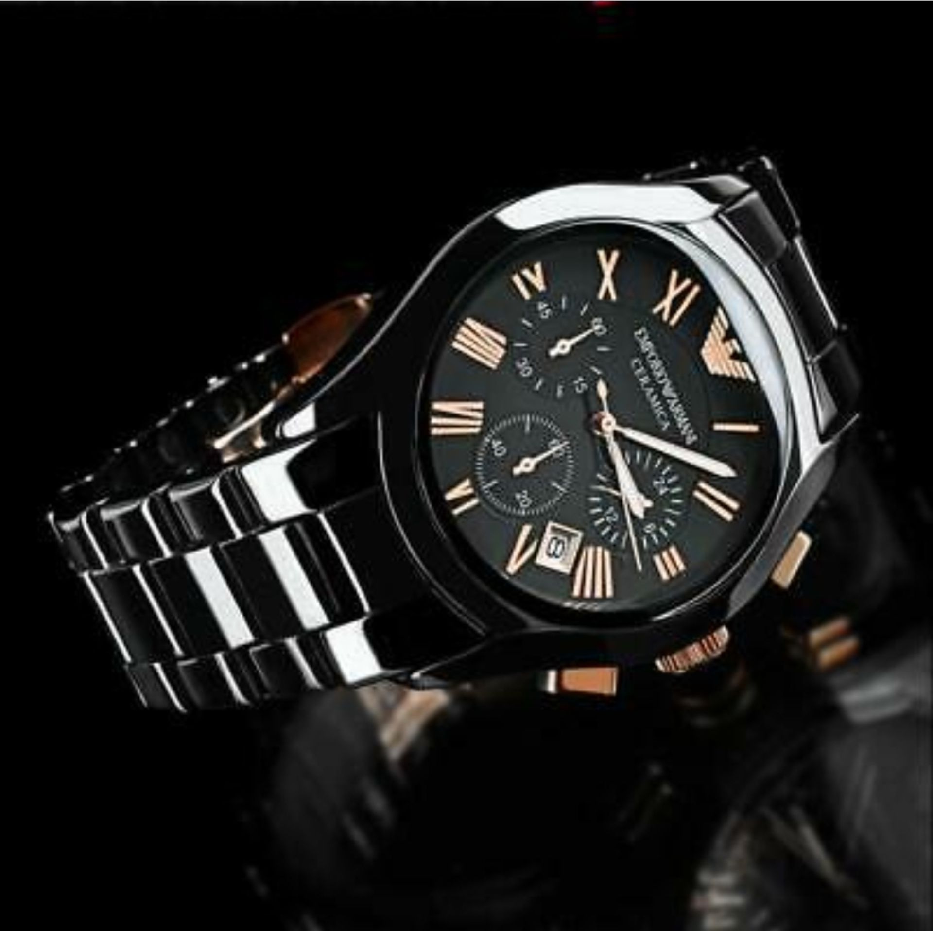 Emporio Armani AR1410 Men's Ceramica Rose Gold & Black Quartz Chronograph Watch - Image 3 of 8