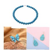 New Blue Howlite Beads Necklace, Earrings & Butterfly Ring Sterling Silver