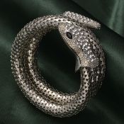 New White Austrian Crystal and Simulated Black Spinel Snake Bracelet in Silver