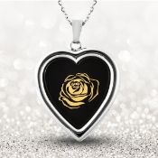 New Black Agate Rose Pattern Heart Shaped Pendant with Chain