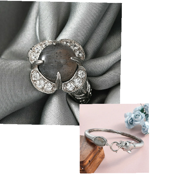 New Fire Labradorite Floral Ring & Fire Labradorite Bangle (see description)