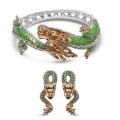 New 2 Piece Set - Austrian White Crystal Enamelled Dragon Bangle and Earrings