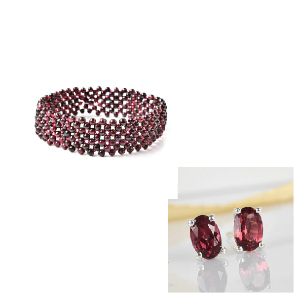 New Red Garnet Stretchable Bracelet & Earrings