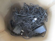 box of assorted power chargers / cables
