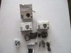 3 x HD Go Pro Style cameras with SD cards included - and all accesories as shown - new and unus