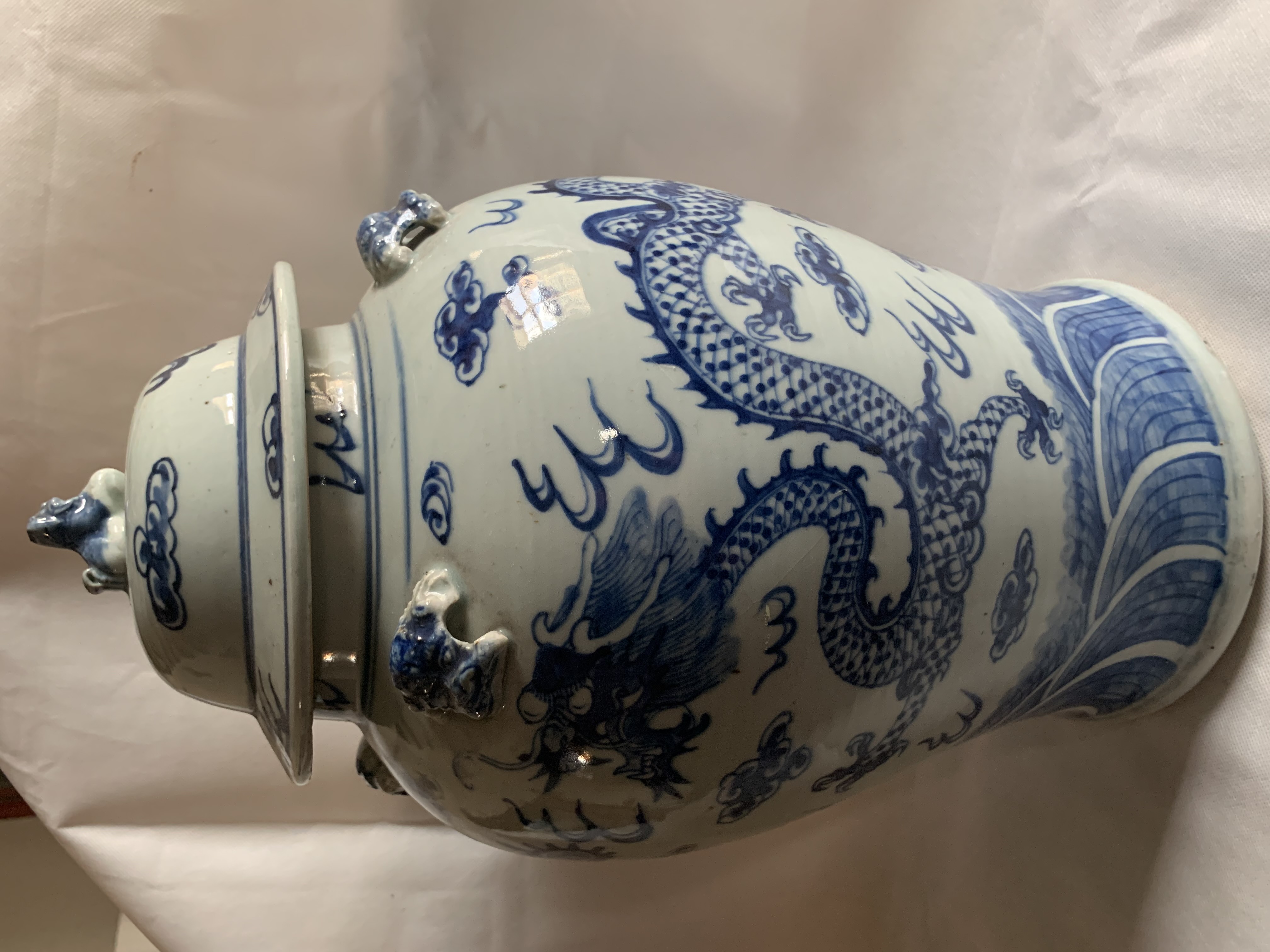 Magnificent Large Blue And White lidded Chinese Dragon Vase