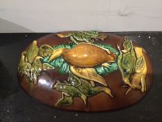 A Majolica Game Dish With Lid and Container