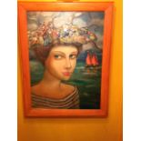A “Very Large “ Canvas Print of a Lady With Yachts Showing on the Right