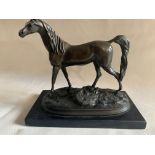 Heavy Bronze Equestrian Sculpture Signed Horse with Set upon a Polished Marble Plinth