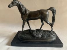 Heavy Bronze Equestrian Sculpture Signed Horse with Set upon a Polished Marble Plinth